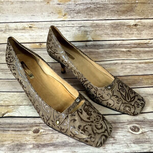 Samanta Womens Brown Patterned Square Toe Kitten Heel Career Shoes Size 10